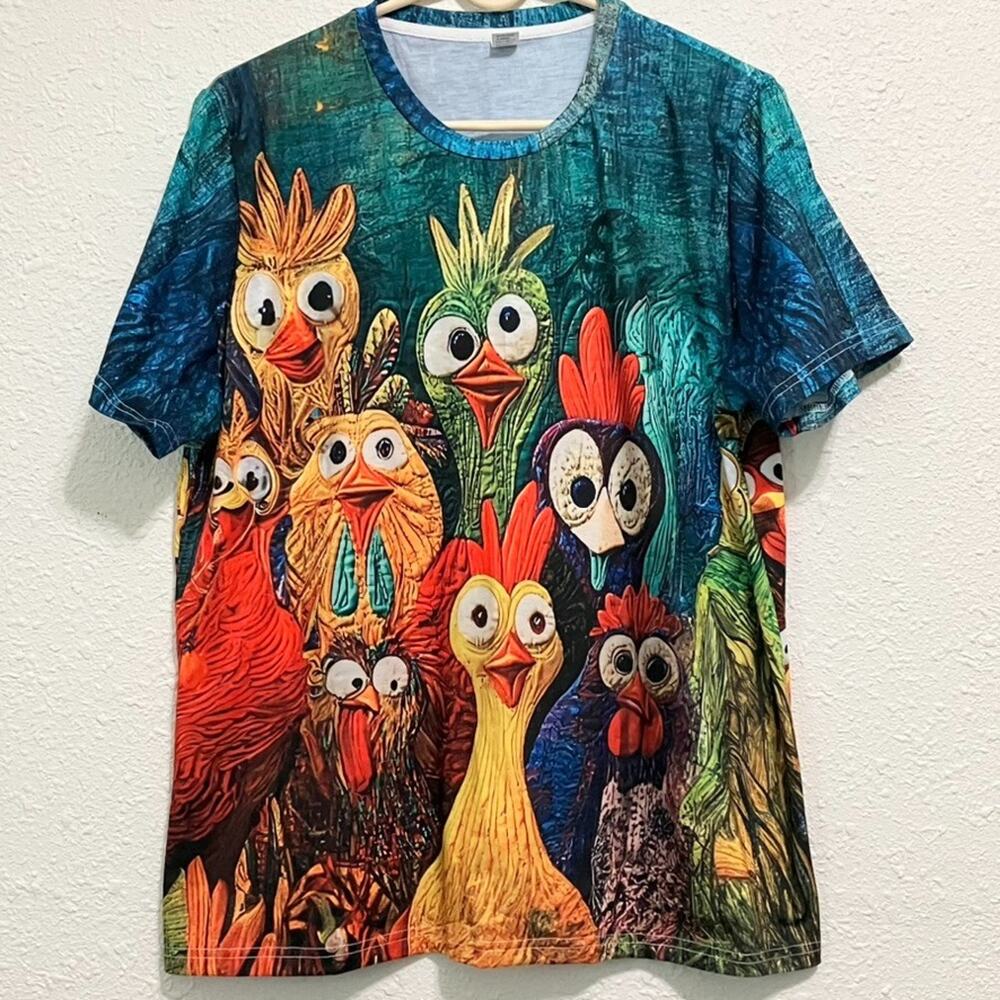 Funny Crazy Chicken Graphic T Shirt XXL Colorful Silly Cartoon Farm Animal Tee